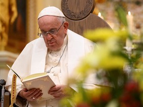 Pope Francis leads the Vespers at the Cathedral of Notre Dame in Quebec City on Thursday.