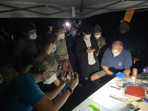 A Canadian Wildlife Federation biologist explains bat biology to bat-wrangling volunteers at the MacSkimming Outdoor Education Centre.