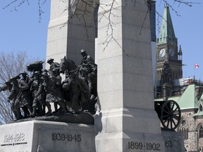 The National War Memorial (Cenotaph) is shown with the Peace Tower in the background.