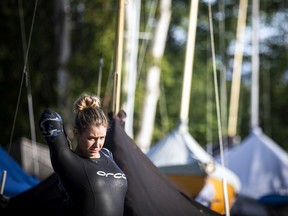 The Riverkeeper Open Water Swim race took place in the Ottawa River, starting and finishing at the Lac Deschênes Sailing Club, Sunday, August 14, 2022. Stephanie Maxim prepares to hit the water for the 4K race Sunday morning.