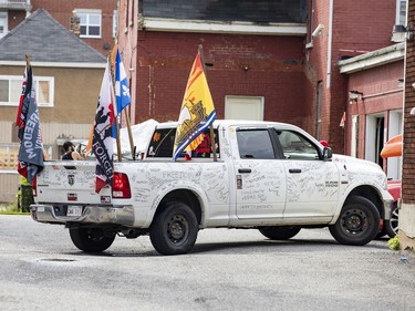 A truck emblazoned with freedom slogans parked at the former church in Lowertown, Sunday, Aug. 21, 2022.