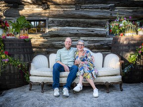 Angela Grant Saunders and her husband and business partner, Mark Saunders, outside the CiderHouse at Saunders Farm, where an intimate gathering was held to celebrate the one-year anniversary of the Saunders jumping into the cider world.