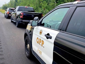 One of three allegedly stolen Dodge Ram pickups captured by  the OPP on Highway 401 Tuesday.