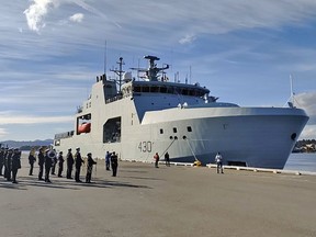 HMCS Harry DeWolf docks in Victoria, B.C., on Oct. 4, 2021.