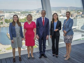 Norway Prime Minister Jonas Gahr Store, centre, poses for a photo with from left, Icelandic Prime Minister Katrin Jakobsdottir, Sweden Prime Minister Magdalena Andersson, Finland Prime Minister Sanna Marin and Denmarke Prime Minister Mette Frederiksen, ahead of a Nordic Prime Ministers' meeting at Munch Museum, in Oslo, Monday, Aug. 15, 2022.