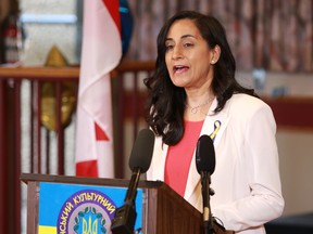 Minister of National Defense Anita Anand makes an announcement in support of Ukraine during a press conference at the Ukrainian Cultural Center in Victoria, BC, on May 24, 2022.