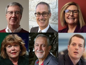 Clockwise, from top left:  Mayor Jim Watson, and councillors Keith Egli, Diane Deans, Mathieu Fleury, Eli El-Chantiry and Jan Harder.
