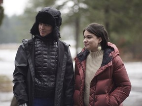 Filmmaker and visual artist Caroline Monnet, left, and actor Devery Jacobs on the set of Monnet's new film, Bootlegger, which was largely shot in Kitigan Zibi, north of Ottawa.