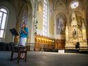 Diane Nolan, a director of The United People of Canada, speaks during Saturday's media conference at the former St. Brigid's church.