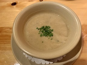 Mushroom and leek potage at L’Orée du Bois in Chelsea