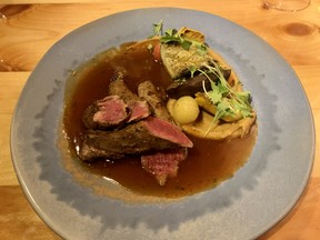 Grilled lamb fillet, pureed chickpeas, confit tomatoes, grilled succhini and eggplant, rosemary jus, at L’Orée du Bois