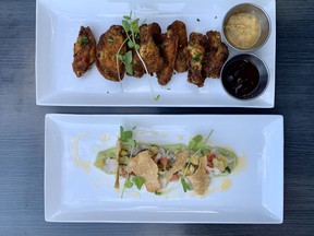 Chicken wings, upstairs, and tuna ceviche, downstairs, at J'TM Resto Bar on Clarence Street.