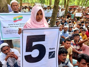 Rohingya refugees gather at the Kutupalong Camp to mark the fifth anniversary of their flight from neighbouring Myanmar to escape a military crackdown in 2017, in Cox's Bazar, Bangladesh, Aug. 25, 2022.