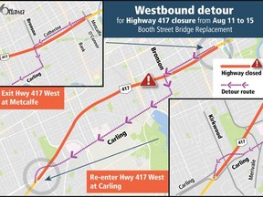 The City of Ottawa published this map showing the westbound detours resulting from the closure of Highway 417 because of a bridge-replacement project at Booth Street on Aug. 11-15, 2022.