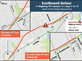 The City of Ottawa has published this map showing the eastbound diversions due to the closure of Highway 417 due to a bridge replacement project at Booth Street on August 11-15, 2022.