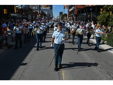 Members of the Canadian Armed Forces (CAF) marching band take part in the 2022 Capital Pride Parade in Ottawa on Sunday, Aug. 28, 2022.