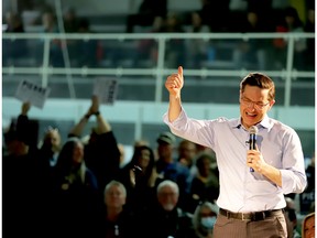 Conservative Party leadership hopeful Pierre Poilievre reacts to applause during a rally at Brockville’s Centennial Youth Arena.