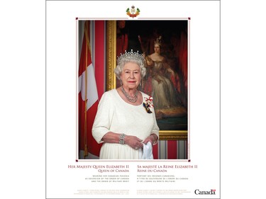 The official Canadian portrait of Her Majesty Queen Elizabeth II wearing her Canadian insignia as sovereign of the Order of Canada and the Order of Military Merit.