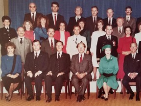 The Queen with part of the tour team in Canada in 1984. Judith Yaworksy is at the end of the front row, in blue.
