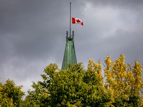 The Canadian flag at half-mast above the Peace Tower in memory of Queen Elizabeth. File