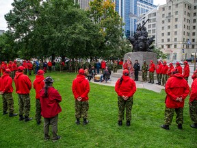 OTTAWA -- A group of about 50 Canadian Rangers marked the end of their 13-day long journey from Georgian Bay, the Trent-Severn Waterway, Lake Ontario and the Rideau Canal, around the National Aboriginal Veterans Monument in Confederation Park, Saturday, Sept. 17, 2022.