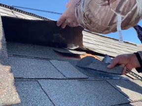 Shingles can get torn in high winds when they don’t get glued down properly with  the neighbouring shingle course below. Fortunately, removal and replacement of torn shingles is not difficult.