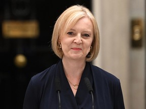 Files: New U.K. Prime Minister Liz Truss gives her first speech at Downing Street on Sept. 6, 2022 in London, England.