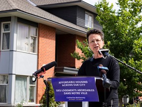 Mayoralty candidate Catherine McKenney announces an affordable housing plan in Barrhaven on Wednesday.