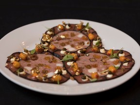 This dish took home silver at the Ottawa edition of Canada’s Great Kitchen Party. Chef Éric Chagnon-Zimmerly of North & Navy made what he called duck “kaleidoscope,” a charcuterie creation of duck mortadella, rare duck, duck fat aioli, Red Fife wheat berries, crab apple gel, pickled sea buckthorn, green sorrel and gold.