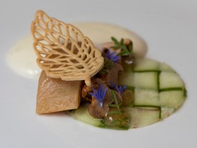 At Monday night’s Ottawa edition of Canada’s Great Kitchen Party, this dish took home bronze. Chef Justin Champagne of Perch on Preston Street made lightly cured and then koji dashi-poached lake trout with sunflower tuile, sake-aged mushrooms, dulse and tomato gel, fermented koji sauce and cucumber.