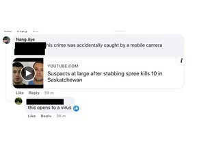 A screenshot from a Facebook comments section, edited to block out names and links, shows an example of the malware scam circulating after the stabbings on James Smith Cree Nation and Weldon, Sask. on September 4, 2022.