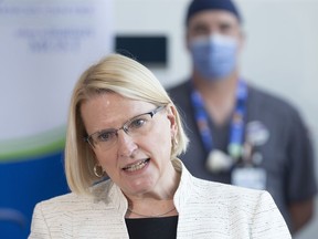 Ontario Health Minister Sylvia Jones makes an announcement at Toronto's Sunnybrook Hospital, Thursday, August 18, 2022. Jones says the province has received its first limited shipment of the newly approved COVID-19 vaccine that protects against the Omicron variant.&ampnbsp;THE CANADIAN PRESS/Chris Young
