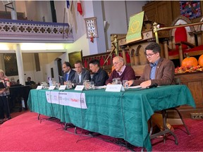 Mayoral candidates Nour Kadri, Mark Sutcliffe, Catherine McKenney, Bob Chiarelli and Brandon Bay participate at an environment-themed debate at the Centretown United Church Wednesday night.