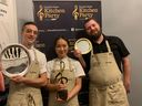 The three winning chefs at the Ottawa edition of Canada's Great Kitchen Party, held Sept. 26/22 at Le Cordon Bleu Ottawa. Briana Kim of Alice, centre, won gold, while Eric Chagnon-Zimmerly of North & Navy, left, took home silver and Justin Champagne of Perch, right, won bronze.