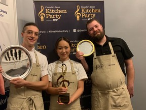 The three winning chefs at the Ottawa edition of Canada's Great Kitchen Party, held Sept. 26/22 at Le Cordon Bleu Ottawa. Briana Kim of Alice, centre, won gold, while Eric Cagnon-Zimmerly of North & Navy, left, took home silver and Justin Champagne of Perch, right, won bronze.