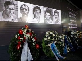 Wreath are placed during a ceremony, commemorating the 50th anniversary of the attack on the Israeli team at the 1972 Munich Olympics in which eleven Israelis, a German policeman and five of the Palestinian gunmen died takes place near the Olympic village in Munich, Germany, September 5, 2022.
