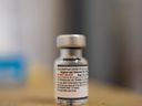 A vial of the Pfizer-BioNTech coronavirus disease booster vaccine targeting BA.4 and BA.5 Omicron sub variants.
