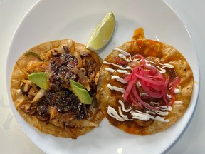An octopus taco and a shrimp taco from Puerto Bravo, a modest Mexican eatery in Toronto that was one of 17 restaurants that received a Bib Gourmand distinction from the Michelin Guide.