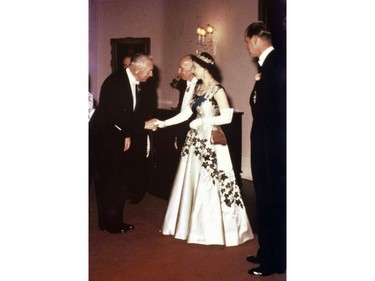 Her Majesty Queen Elizabeth II wearing the Maple Leaf of Canada dress, Ottawa, 1957 Visit. HANDOUT PHOTO: (Eleanor Oulton Griffin/Canadian Museum of Civilization).
