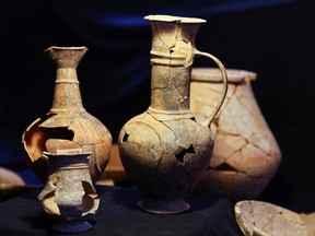 Vessels that contained opium in the 14th century BC, when it was used by Canaanites as an offering for the dead, according to a study by the Israel Antiquities Authority, Tel Aviv University and The Weizmann Institute of Science, are displayed in Jerusalem, September 20, 2022.