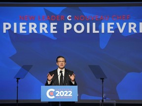Newly elected Conservative Leader Pierre Poilievre speaks at the Conservative Party of Canada leadership vote, in Ottawa, Saturday, Sept. 10, 2022.