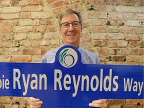 A street sign for Ryan Reynolds Way is one of the many gift items accumulated by Mayor Jim Watson during his term in office. It will be on silent auction to benefit the Ottawa Food Bank on Tuesday, Oct. 4.