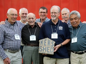 OTTAWA. Sept. 13, 2022. 
From left (front row): Jack Lazarus, Peter King, Peter Hanley, Rey Calleja, (back row) Rodney Norman, Doug Eckold and Brian Dobie. 
A breakfast meeting of Men's Shed Ottawa Centre is a pretty lively affair at the Hometown Sports Grill with plenty of chit chat and laughter. 
There are about 50 similar Men's Shed groups in Canada - made up of mostly male retirees who get together for support and occasionally work on projects together, sharing skills and life stories. 
Julie Oliver/Postmedia