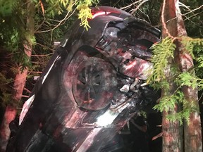 Ottawa Fire Services were called by police after a vehicle hit a tree and was upside down in a forested area on Grants Side Road between Farmview Road and Kinburn Side Road.