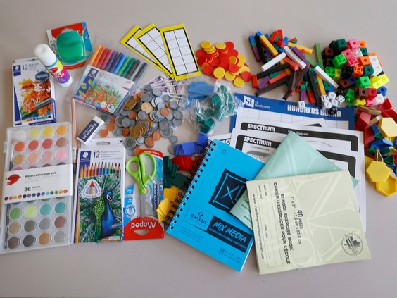 Virtual online school supplies provided to students in Ottawa including pencil crayons, marker, notebooks, scissors, a bag of coins and much more.
