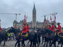 OTTAWA - Sept. 19, 2022 - The parade honouring Queen Elizabeth II passes in front of Parliament Hill. 