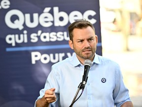 Parti Quebecois leader Paul St-Pierre Plamondon speaks at campaign event in Gatineau on Sept. 2, 2022.