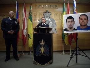 Assistant Commissioner Rhonda Blackmore speaks while Regina Police Chief Evan Bray, left, looks on during a press conference at RCMP "F" Division Headquarters in Regina on Sunday, Sept. 4, 2022. Damien Sanderson and Myles Sanderson allegedly stabbed and killed 10 people between James Smith Cree Nation and Weldon, Sask. on Sunday morning, and the pair are presently at large.