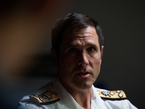 Vice-Admiral Angus Topshee speaks with a reporter during an interview at the National Defence Headquarters in Ottawa on Wednesday, Sept. 21, 2022. Topshee&ampnbsp;is admitting to some worries that the military's ability to operate with only 12 frigates in recent years could be used as a way to justify permanently shrinking the size of Canada's maritime fleet.&ampnbsp;THE CANADIAN PRESS/Spencer Colby