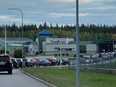 Cars queue to enter the Brusnichnoye checkpoint on the Russian-Finnish border in the Leningrad Region, Russia September 22, 2022, in this picture obtained from social media.